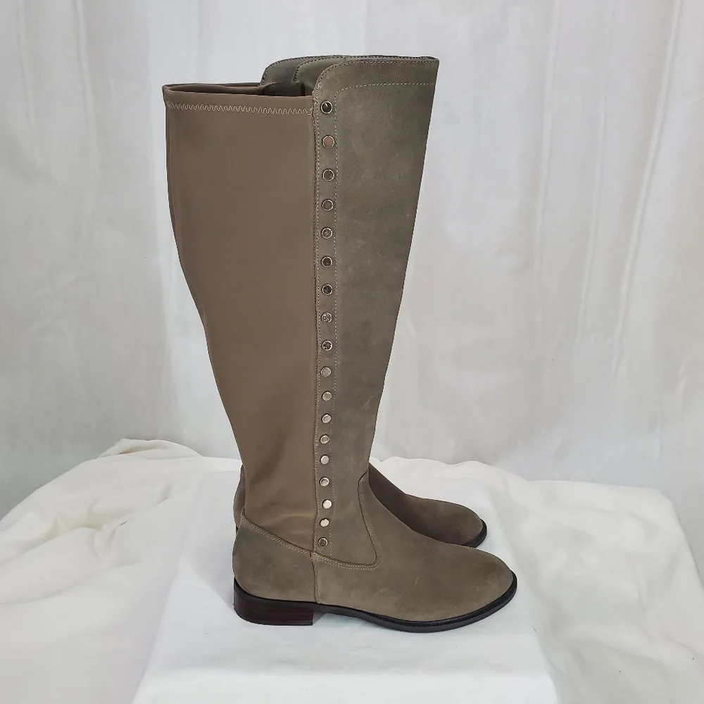 Marc Fisher Suede Leather Med Calf Tall Shaft Studded Taupe Gray Boots EUC 6.5